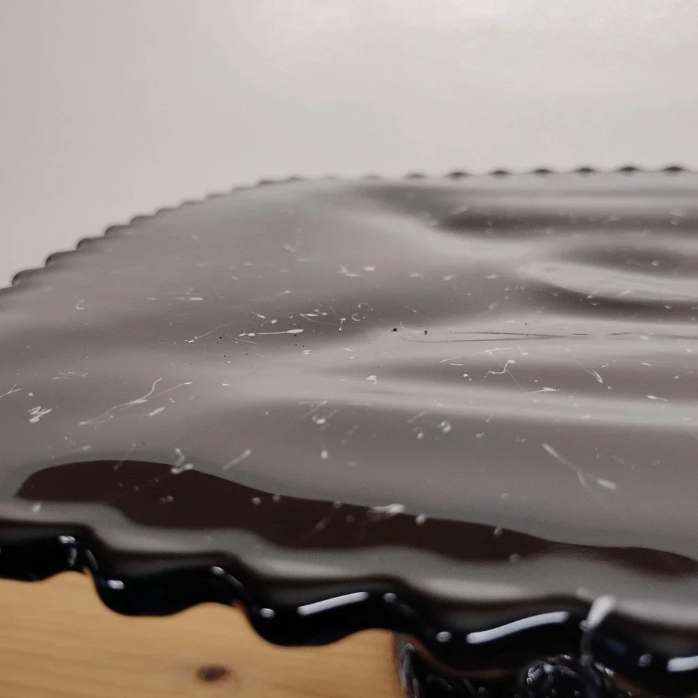 Vintage L E Smith Black Amethyst Glass Square Cake Stand Pedestal‎ White Drizzle